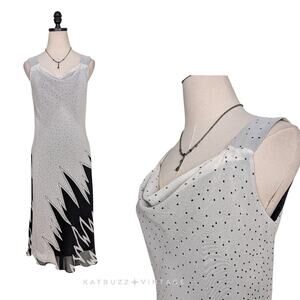 Y2K Silk Midi Dress 6 Black White Polka Dot Bias Zig Zag Glam Summer Cocktail